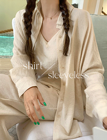 [SET]컴피 슬리브세트 셔츠(세트구매가능,3color) 나시세트 셔츠세트 여름긴팔셔츠 슬리브리스 민소매 투피스 여름소재 시원한 브이넥
